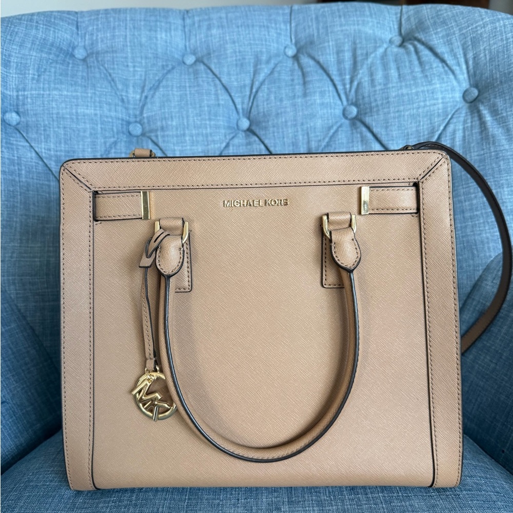 New Michael Kors Beige/Tan Saffiano Leather Satchel with Gold Hardware with tag